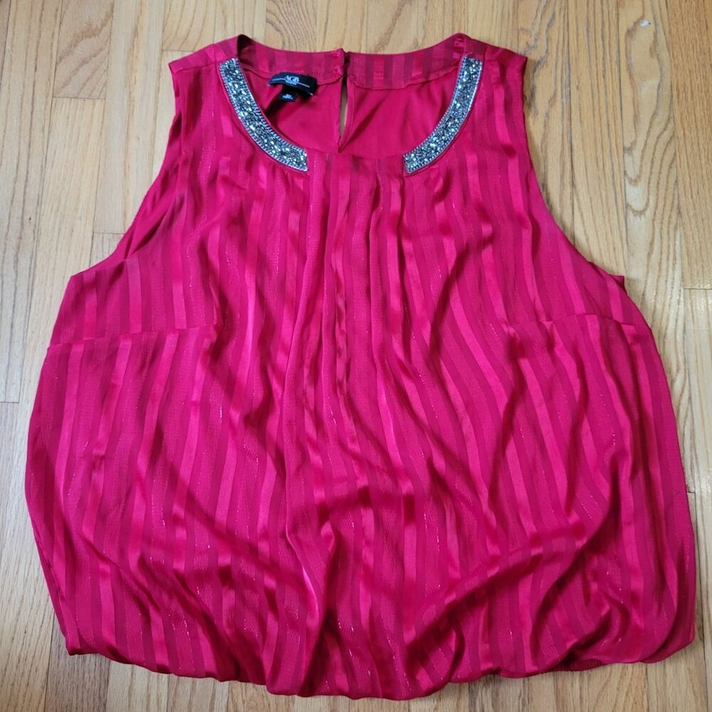 AGB Woman 3X Red Sleeveless Top With Beaded Collar & Striped Texture